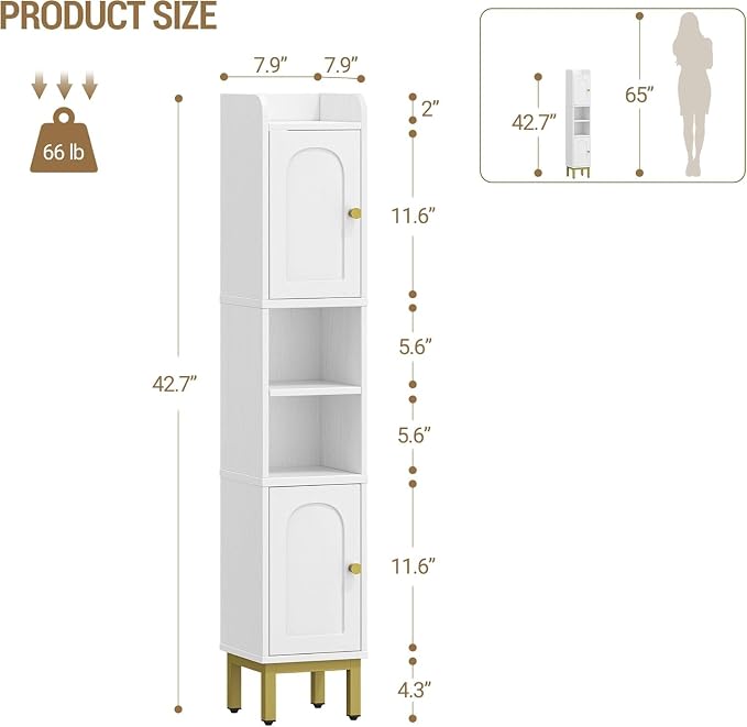 Hzuaneri Slim Bathroom Storage Cabinet, Narrow Bathroom Organizers,2 Doors | Narrow Bathroom Storage with 4 Adjustable Feet, Laundry Room Organization for Small Space,Kitchen, White BC22413G
