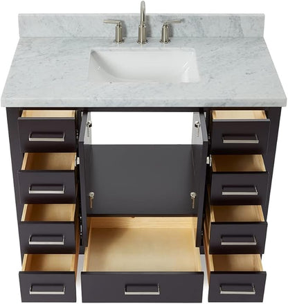 ARIEL Cambridge 42-inch Bathroom Vanity with Sink,Solid Wood, 1.5-inch Italian Carrara Marble Countertop, Single Rectangular Porcelain Sink, 2 Soft Closing Doors, 9 Dovetail Drawers, Espresso