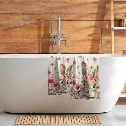 Pink Floral Bunny Hand Towels, 14x28 Inch Spring Flowers Cute Rabbit Easter Day Decor Absorbent Soft Dish Washing Cloth Face Tea Towels for Kitchen Bathroom Holiday Decoration