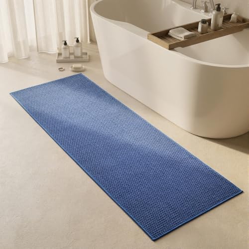 Triohero Bathroom Runner Rugs, Long Bath Mat Runner Washable Thin Quick Dry Low Pile Bathroom Runner Rugs Non Slip, Denim Blue 24"x70"