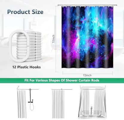 Galaxy Nebula Purple Turquoise Blue Shower Curtain with Hooks 72 x 72 Inch