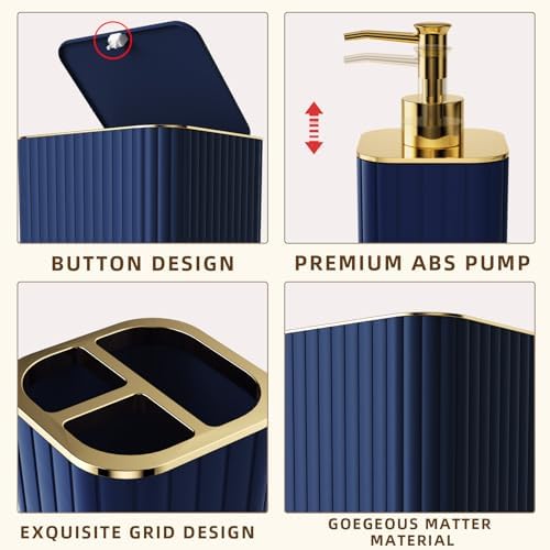 XLHOMO Bathroom Accessory Set - 26PC Bathroom Shower Curtain and Rug Set, Bathroom Accessories Set, Navy Blue Bathroom Set with Trash Can, Toilet Brush, Qtip Holder & Soap Dispenser