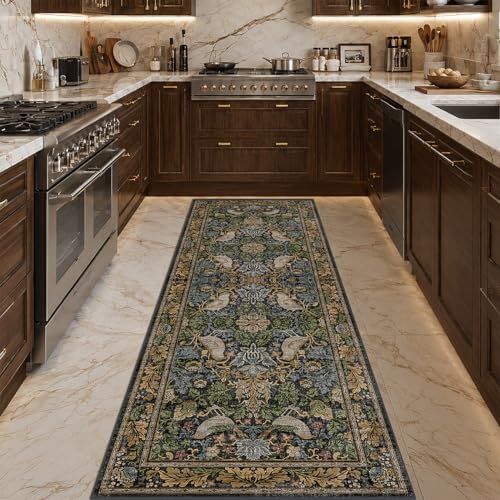 Vintage Runner Rugs for Hallways - 2'6"x8' Wide Kitchen Runners, Entryway Rug, with Flowers and Leaves, Washable Non Slip Low Pile