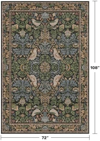 Hazo Haus Washable Living Room Rug 6x9 - Dark Floral Nature Rugs for Bedroom, Dining Room Kitchen Table Rug for Under Table, Office, Stain Resistant Non-Slip Large - Brown/Dark Green