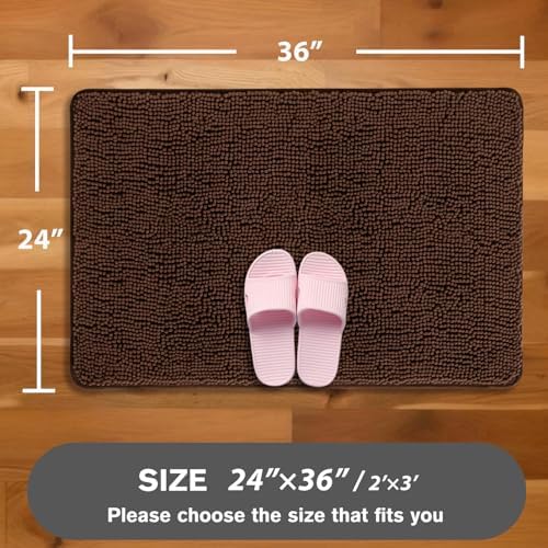 Brown Bathroom Rugs – Absorbent and Washable Bath Mat, Non-Slip, Thick Soft Chenille Bath Rugs for Bathroom Floor, Shower, Sink - 24" x 36"