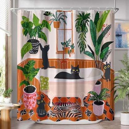Funny Cat Shower Curtain Boho Cute Fun Black Cats Matisse Shower Curtains for Bathroom Kitten Green Tropical Plant Leaves Beige Brown Red Waterproof Fabric Bath Curtain Decor 72 X 84 Inches