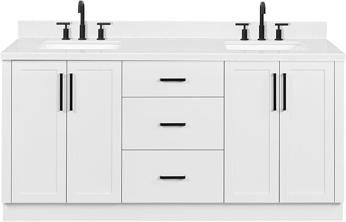ARIEL Loren 72-inch Bathroom Vanity with Sink,Solid Wood, 1.5-inch Carrara White Quartz Countertop, Double Rectangular Porcelain Sink, 4 Soft Closing Doors, 3 Dovetail Drawers, White
