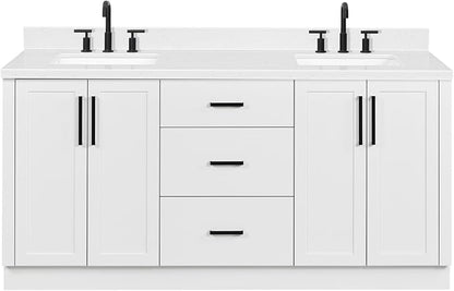 ARIEL Loren 72-inch Bathroom Vanity with Sink,Solid Wood, 1.5-inch Carrara White Quartz Countertop, Double Rectangular Porcelain Sink, 4 Soft Closing Doors, 3 Dovetail Drawers, White