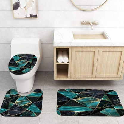 LQCOOL Teal Marble Geometric Shower Curtain Set Bathroom Sets Modern Shower Curtain Set for Bathroom Sets with Rugs and 12 Hooks