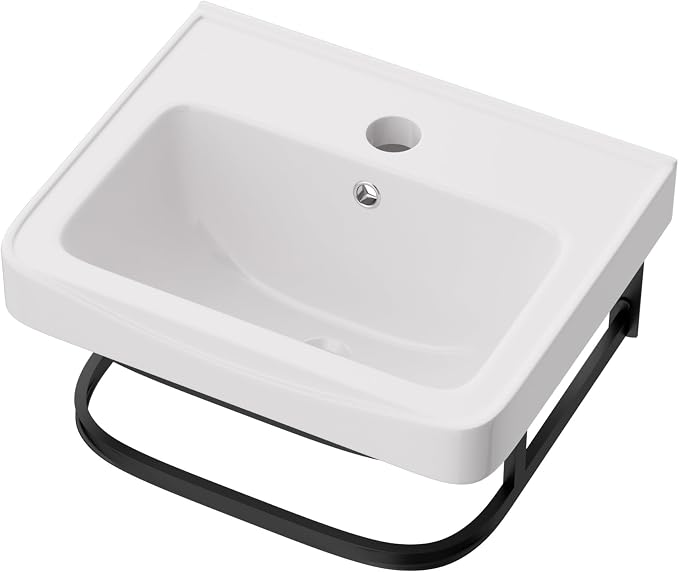 Lordear Wall Mounted Bathroom Sink with Towel Rack 17 x 14 Inch Modern Black Wall Hung Sink for ADA Bathrooms, Rectangular One Hole Porcelain Vanity Sinks