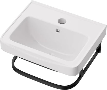 Lordear Wall Mounted Bathroom Sink with Towel Rack 17 x 14 Inch Modern Black Wall Hung Sink for ADA Bathrooms, Rectangular One Hole Porcelain Vanity Sinks