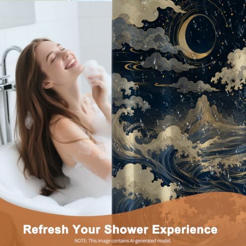 Japanese Style Ocean Waves Waterproof Coastal Shower Curtain with Hooks