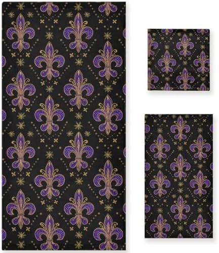 Naanle Mardi Gras Purple Soft Decor 3 Pcs Towels Set, 1 Bath Towel+1 Hand Towel+1 Washcloth, Multipurpose for Bathroom, Hotel, Gym, Spa and Beach