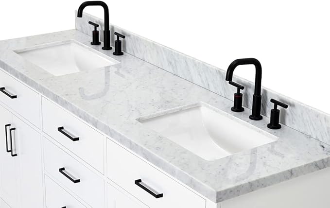 ARIEL Hepburn 72-inch Bathroom Vanity with Sink,Solid Wood, 1.5-inch Italian Carrara Marble Countertop, Double Rectangular Porcelain Sink, 4 Soft Closing Doors, 6 Dovetail Drawers, White