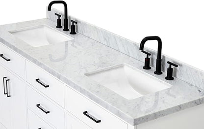 ARIEL Hepburn 72-inch Bathroom Vanity with Sink,Solid Wood, 1.5-inch Italian Carrara Marble Countertop, Double Rectangular Porcelain Sink, 4 Soft Closing Doors, 6 Dovetail Drawers, White