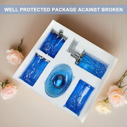 Blue Bathroom Accessories, Round Thick Glass & Metal Pump