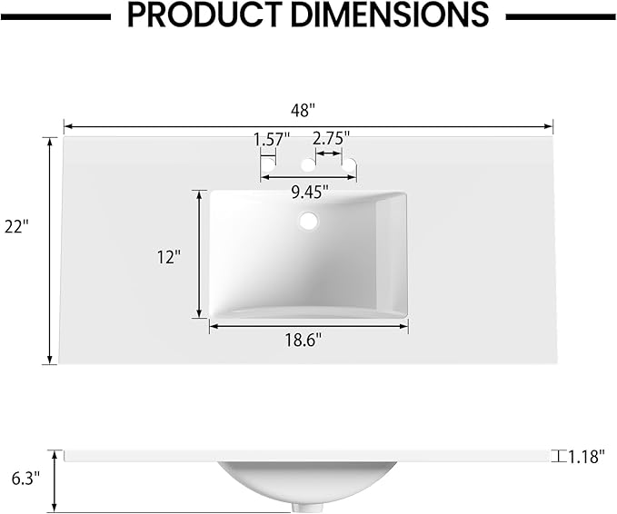 48 in. W x 22 in. D Single Sink Bathroom Vanity Top with Integrated Resin Basin, Stain-Resistant & Scratch-Resistant Bathroom Countertop, Without Matte Black Faucet & Pop up-Drain, White