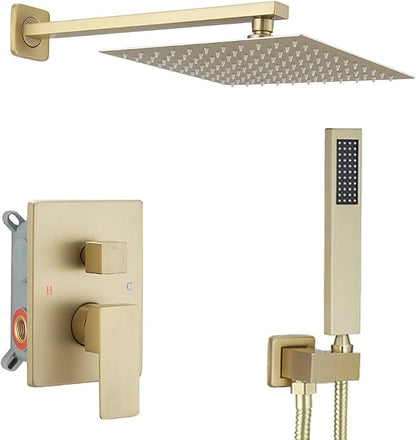 Brushed Gold Shower System 10 Inches Bathroom Luxury Rain Shower Head with Handheld Combo Set Wall Mounted High Pressure Rainfall Shower Head System Shower Faucet with Valve and Trim Kit