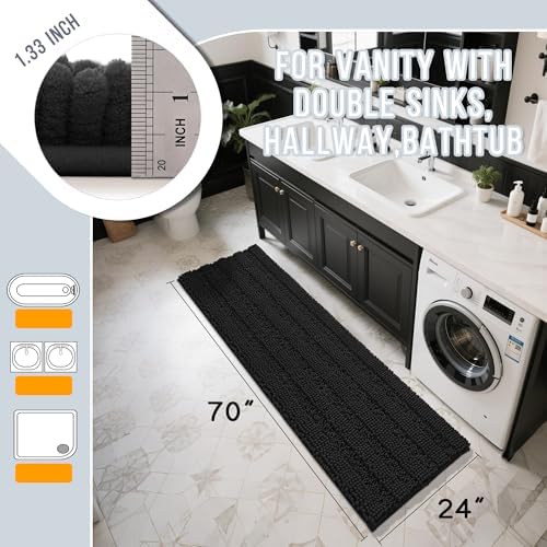 Yimobra Bathroom Runner Rug, 70 x 24, Long Bathroom Rugs Large Bath Mat, Soft Super Absorbent and Thick, Non-Slip, Machine Washable, Carpets for Home, Nursery, Bed and Living Room, Black