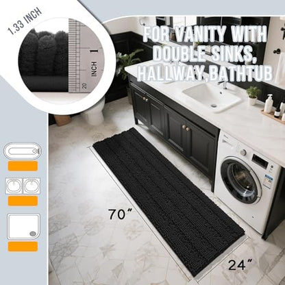 Yimobra Bathroom Runner Rug, 70 x 24, Long Bathroom Rugs Large Bath Mat, Soft Super Absorbent and Thick, Non-Slip, Machine Washable, Carpets for Home, Nursery, Bed and Living Room, Black