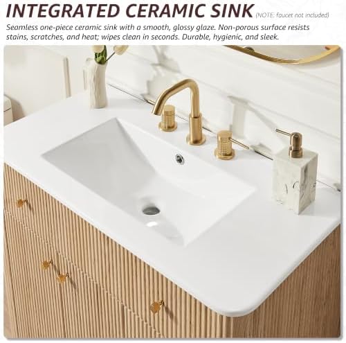 T4TREAM 72" Fluted Bathroom Vanity with 2 Single Sinks, Natural Oak