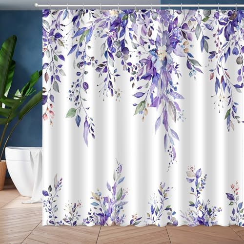 Eucalyptus Shower Curtain, Abstract Aesthetic Art Watercolor Plant Leaves with Floral Bathroom Decor, Waterproof Fabric Cloth Bath Curtain Set with Hooks (Purple, 72x72 Inches)