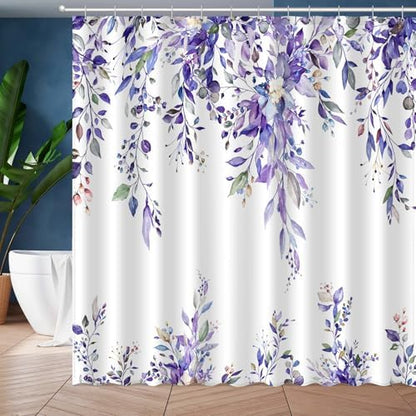 Eucalyptus Shower Curtain, Abstract Aesthetic Art Watercolor Plant Leaves with Floral Bathroom Decor, Waterproof Fabric Cloth Bath Curtain Set with Hooks (Purple, 72x72 Inches)
