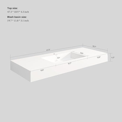 SJ Star&Jane 48" x 19" in Solid Surface Bathroom Sink, Wall-Mount or Countertop Vessel Sink, Rectangle Floating Vanity Sink, Pre-installed Faucet Holes, Durable Modern Design