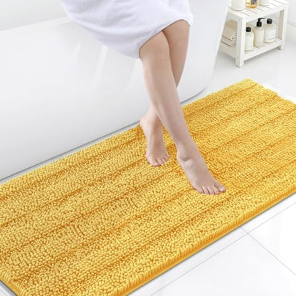 Grandaily Chenille Striped Bathroom Rugs 70x24, Extra Thick and Soft Absorbent Bath Mats, Rubber Backing, Plush Shaggy Shower Carpet, Machine Wash Dry, Bath Rug for Bathroom, Light Yellow