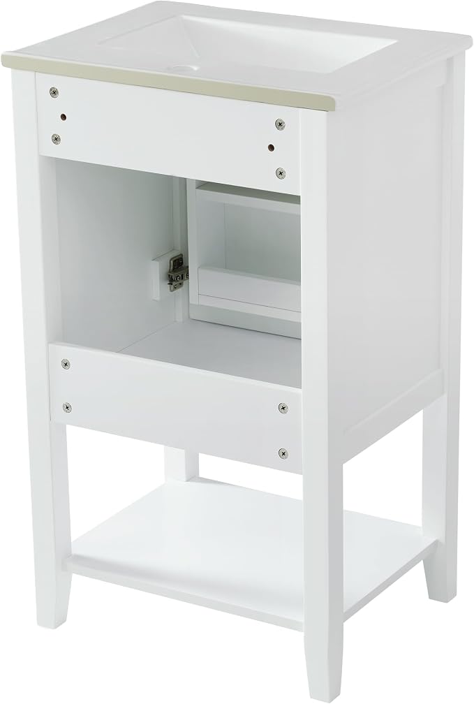 Bathroom Vanity with Sink 20 Inch, Cabinet with Two-Tier Door Shelf Rack & Open Storage, Solid Wood Legs, White
