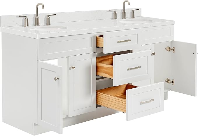 ARIEL Hamlet 72" Double White Bathroom Vanity, 1.5" Edge Carrara Quartz Countertop & Splash, Oval Sinks, 4 Soft Closing Doors, 3 Full Extension Dovetail Drawers, Toe Kick, Brushed Nickel