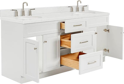 ARIEL Hamlet 72" Double White Bathroom Vanity, 1.5" Edge Carrara Quartz Countertop & Splash, Oval Sinks, 4 Soft Closing Doors, 3 Full Extension Dovetail Drawers, Toe Kick, Brushed Nickel