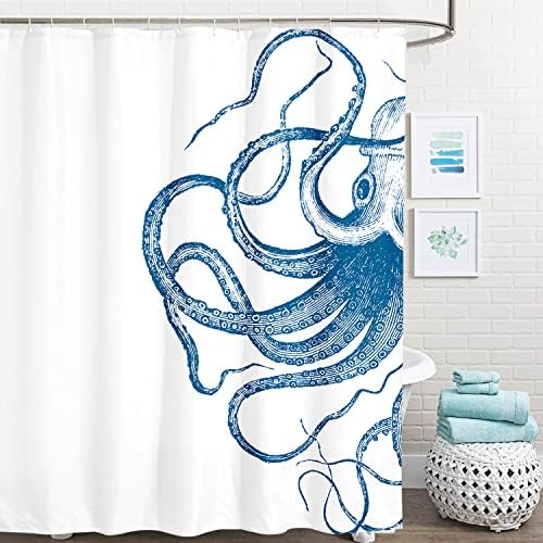Miyotaa Octopus Kraken Shower Curtain Set 60Wx71H Inches Nautical Ocean Tentacles Sea Creatures Mythical Blue Polyester Waterproof Cloth Bathroom Curtain with 12 Hooks