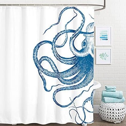 Miyotaa Octopus Kraken Shower Curtain Set 60Wx71H Inches Nautical Ocean Tentacles Sea Creatures Mythical Blue Polyester Waterproof Cloth Bathroom Curtain with 12 Hooks