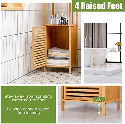 Tangkula Bathroom Cabinet, 65 Inch Tall Slim Bathroom Storage Cabinet with Shutter Door and 3 Open Shelves, Narrow Multifunctional Tower Cabinet, Natural Bamboo, 15.5 x 14.5 x 65 Inch