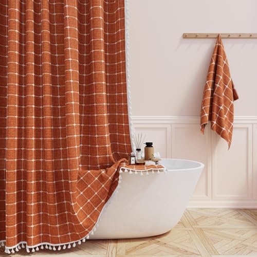 BTTN 60x72 Boho Farmhouse Linen Heavy Duty Shower Curtain Set, Burnt Orange