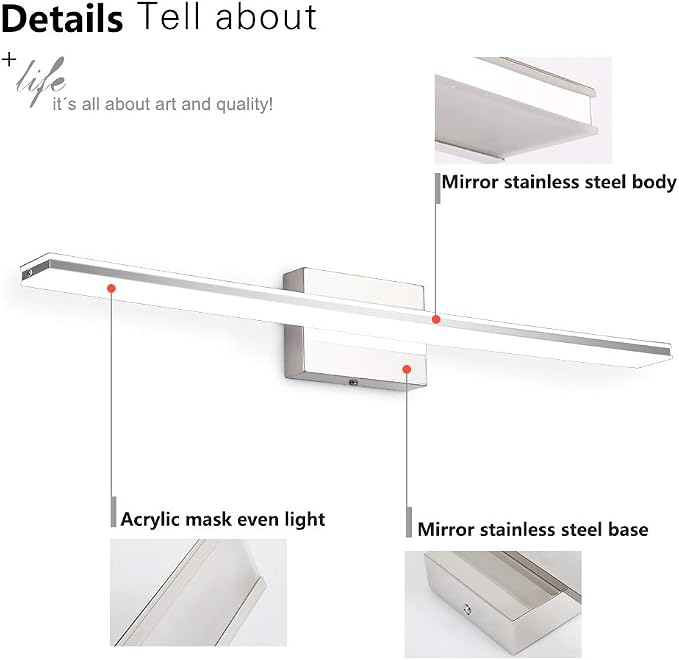 Modern Vanity Light Bar 16W Over Mirror Lights Fixtures for Bathroom Indoor LED Bath Vanity Light Chrome Bathroom Lighting Acrylic Wall Lights Fixtures for Restroom Bedroom Living Room 6000K