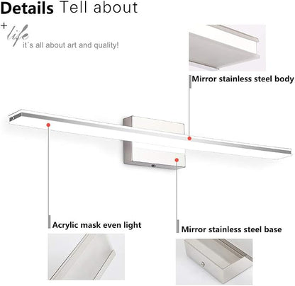 Modern Vanity Light Bar 16W Over Mirror Lights Fixtures for Bathroom Indoor LED Bath Vanity Light Chrome Bathroom Lighting Acrylic Wall Lights Fixtures for Restroom Bedroom Living Room 6000K