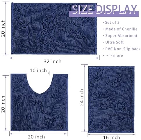 Indigo Blue Bathroom Rugs Non Slip Washable 3 Piece Extra Absorbent Shaggy Chenille and Mats Sets, Soft & Dry Bath Rug/Mat Sets for Carpets Set