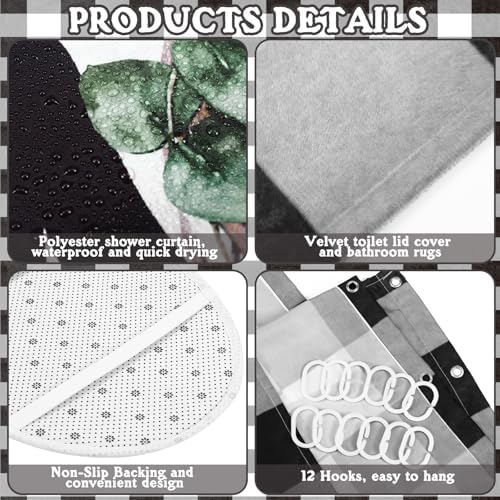 FuWeave 8 Pcs Shower Curtain Bathroom Sets, Black White Rug Plaid Mat