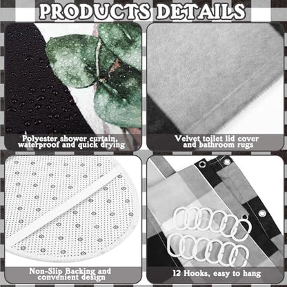 FuWeave 8 Pcs Shower Curtain Bathroom Sets, Black White Rug Plaid Mat