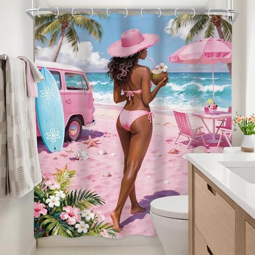 Coastal Fish Seashell Pink Summer Beach Coconut Bathroom Shower Curtain Set