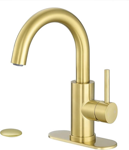 VOTON Bar Sink Faucet, Bathroom Kitchen 360° Rotatable Faucet, Brushed Gold Single Hole Bathroom Faucets Modern Small Mini Kitchen Bath Utility Vanity Outdoor Lavatory Faucets
