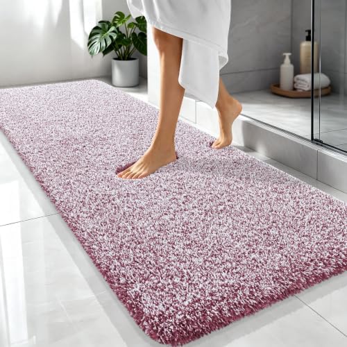 OLANLY Microfiber Bathroom Rugs 70x24, Quick Dry Mat, Burgundy and White