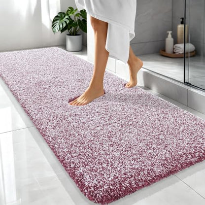 OLANLY Microfiber Bathroom Rugs 70x24, Quick Dry Mat, Burgundy and White