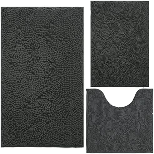 BOANKODU Bathroom Rugs Chenille Bath Mat Set 3-Piece Bath Rugs for Bathroom Extra Soft Bath Mats for Bathroom Non Slip Absorbent Shag Machine Washable, Strong PVC Underside (Grey)