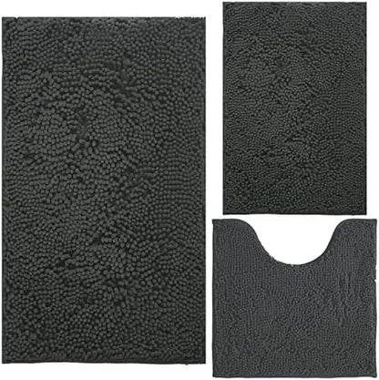 BOANKODU Bathroom Rugs Chenille Bath Mat Set 3-Piece Bath Rugs for Bathroom Extra Soft Bath Mats for Bathroom Non Slip Absorbent Shag Machine Washable, Strong PVC Underside (Grey)