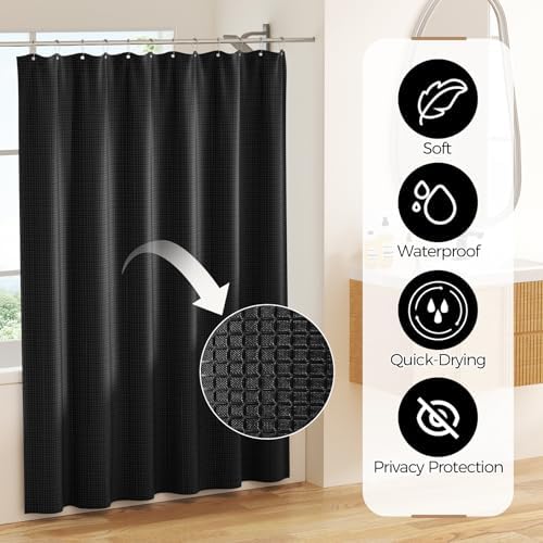 Black Bathroom Accessories Set, Bathroom Set with Shower Curtain and Rugs, Trash Can, Toilet Brush with Holder, Soap Dispenser, Toothbrush Holder, Cup, Soap Dish, Qtip Holders, Hooks, Restroom Decor