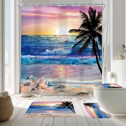 4Pcs Ocean Sunrise Beach Tropical Bathroom Shower Curtain Set with Rugs