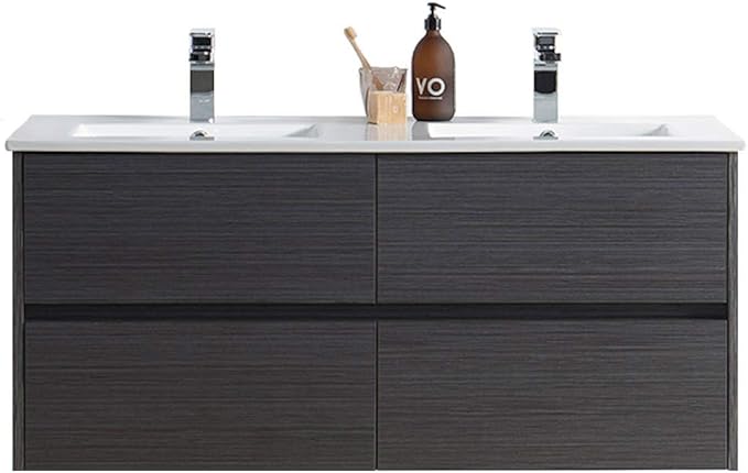Blossom 48 inch Bathroom Vanity with Sink, Double Ceramic Sink Wall Mounted Floating Bathroom Vanity Cabinet, All Wood Bathroom Storage Organizer, Soft-Closing U-Shaped Cutout Drawers, Silver Grey